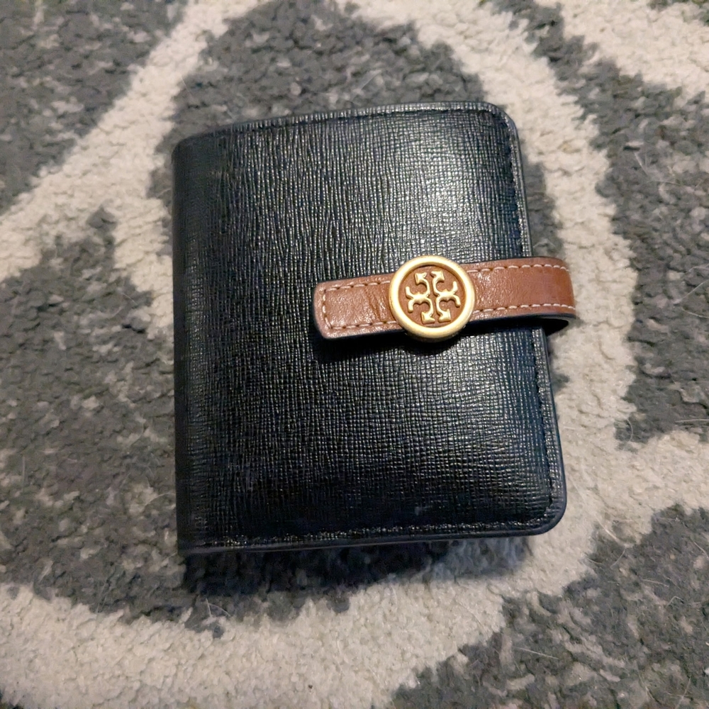 Tory Burch Black and Brown Key Card Holder with Gold Emblem